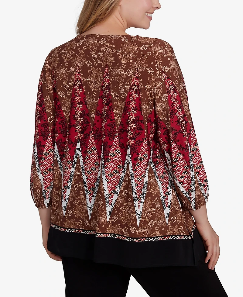 Ruby Rd. Plus Size Embellished Placket Decorative Border Print Knit Top