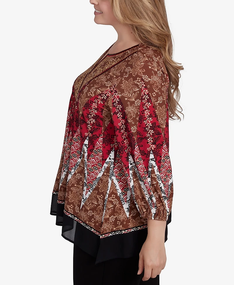 Ruby Rd. Plus Size Embellished Placket Decorative Border Print Knit Top
