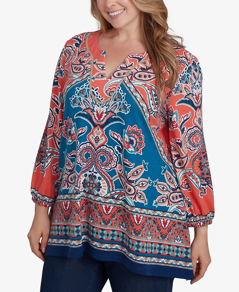Ruby Rd. Plus Size Embellished Split Neck Baroque Motif Printed Hatchi Knit Top