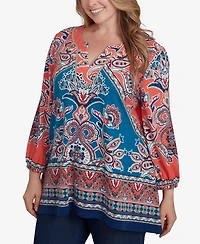Ruby Rd. Plus Size Embellished Split Neck Baroque Motif Printed Hatchi Knit Top