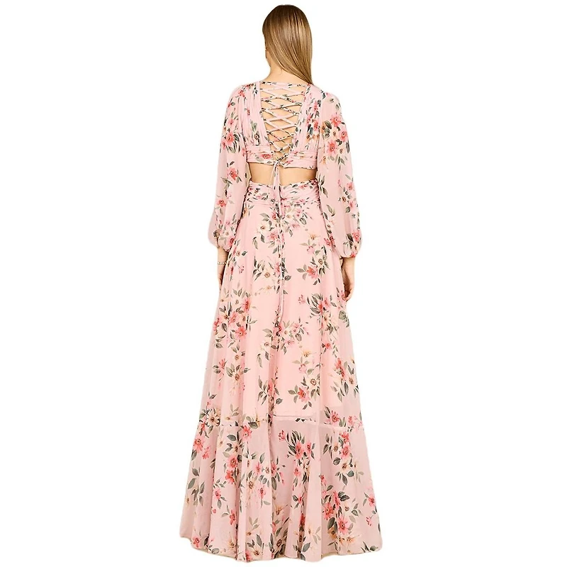 Lara Women's Long Sleeve V-Neck, Layered Skirt Print Dress