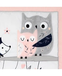 Lambs & Ivy Forever Friends White/Pink/Gray Woodland Fox/Owl 4-Piece Nursery Crib Baby Bedding Set
