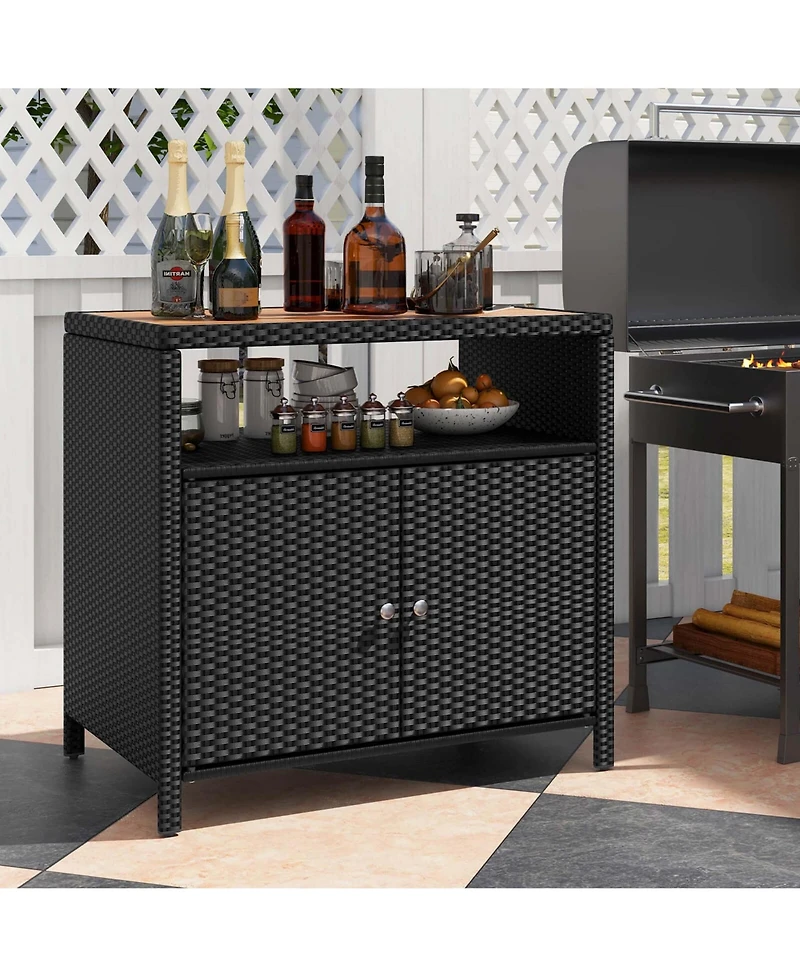 Patio Rattan Storage Cabinet with Acacia Wood Countertop Open Shelf 2 Door
