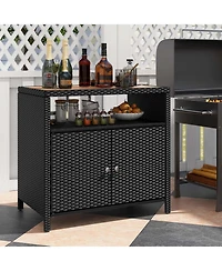 Patio Rattan Storage Cabinet with Acacia Wood Countertop Open Shelf 2 Door