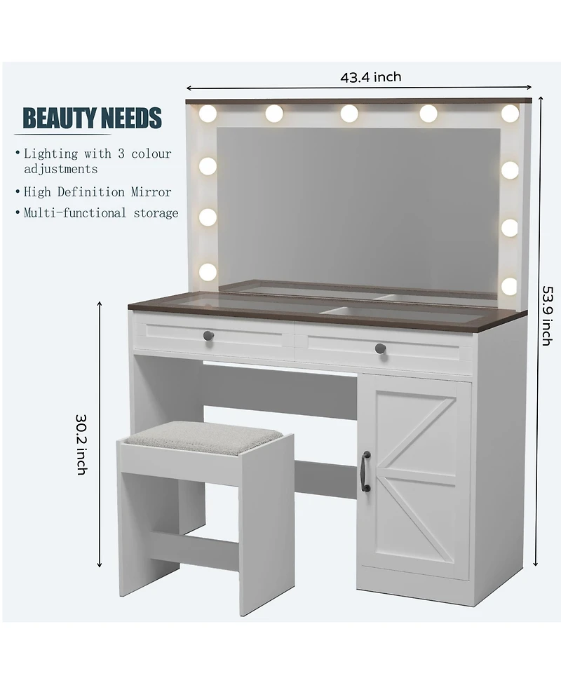 Streamdale Makeup Vanity with Large Mirror, Adjustable Led Lights, and 3 Drawers