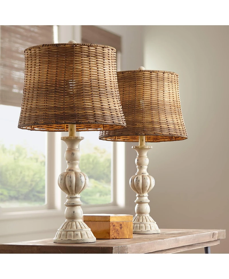John Timberland Trinidad Country Cottage Table Lamps 26 1/2" High Set of 2 Antique White Candlestick Rattan Tapered Drum Shade for Bedroom Living