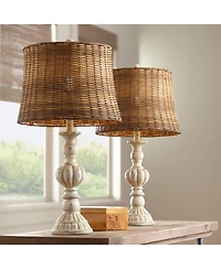John Timberland Trinidad Country Cottage Table Lamps 26 1/2" High Set of 2 Antique White Candlestick Rattan Tapered Drum Shade for Bedroom Living