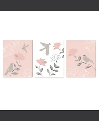 Lambs & Ivy Petals Pink/Gray/White Floral/Birds 11 by 14 Unframed Wall Art 3pc