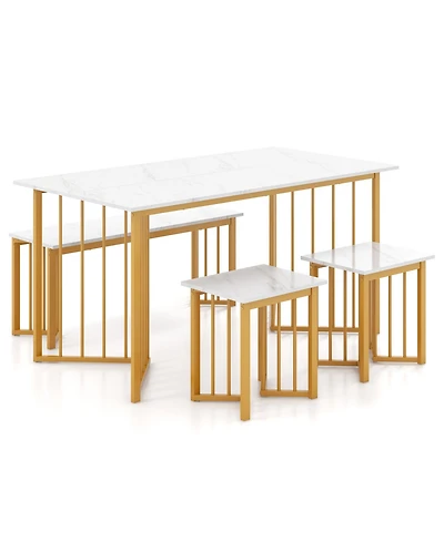 4 Piece Dining Table Set with Bench and 2 Stools-White