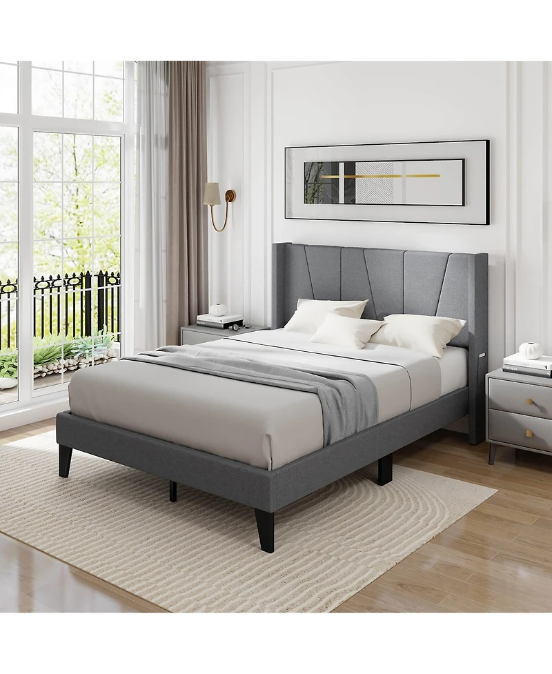 Gymax Full Size Upholstered Bed Frame w/ Elastic Pockets Mattress Foundation Gray