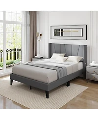 Gymax Full Size Upholstered Bed Frame w/ Elastic Pockets Mattress Foundation Gray