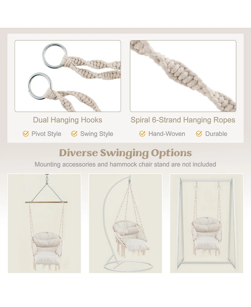 Hammock Chair with Thick Cushion and Macrame Holds up to 330 Lbs