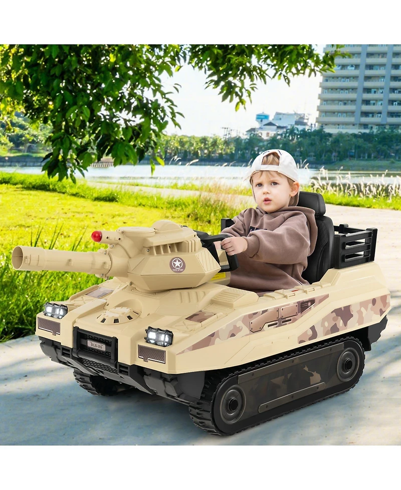 Sugift 12V Electric Kids Ride On Tank with Rotatable Turret and 8 Missiles