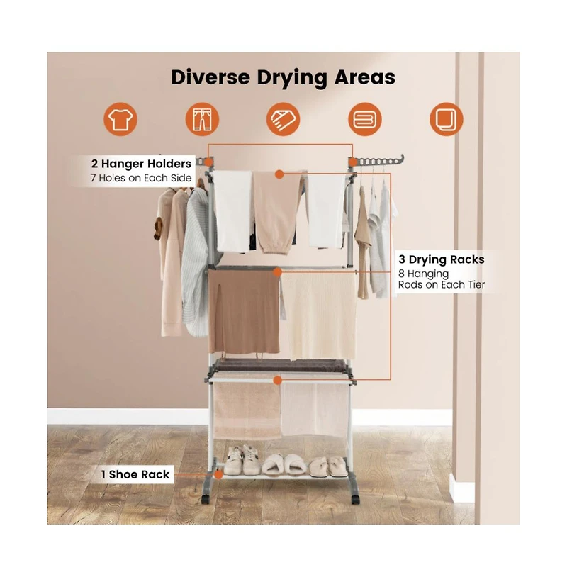 4-tier Clothes Drying Rack with Rotatable Side Wings and Collapsible Shelves-Gray