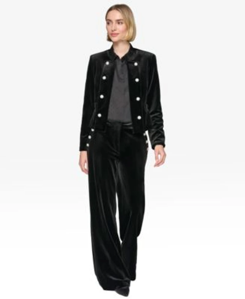 Karl Lagerfeld Paris Womens Collarless Open Front Jacket Straight Velvet Pants Embroidered Velvet Short Sleeve Top