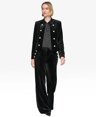 Karl Lagerfeld Paris Womens Collarless Open Front Jacket Straight Velvet Pants Embroidered Velvet Short Sleeve Top