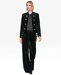 Karl Lagerfeld Paris Womens Collarless Open Front Jacket Straight Velvet Pants Embroidered Velvet Short Sleeve Top