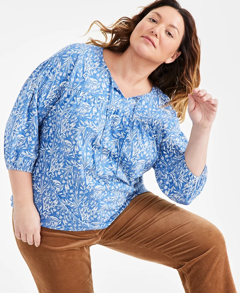 Style & Co Plus Size Floral Split-Neck 3/4-Sleeve Top, Created for Macy's