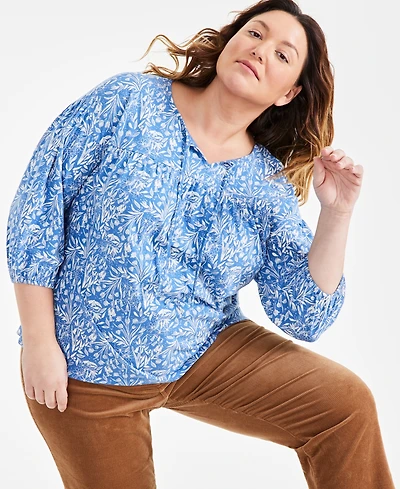 Style & Co Plus Size Floral Split-Neck 3/4-Sleeve Top, Created for Macy's