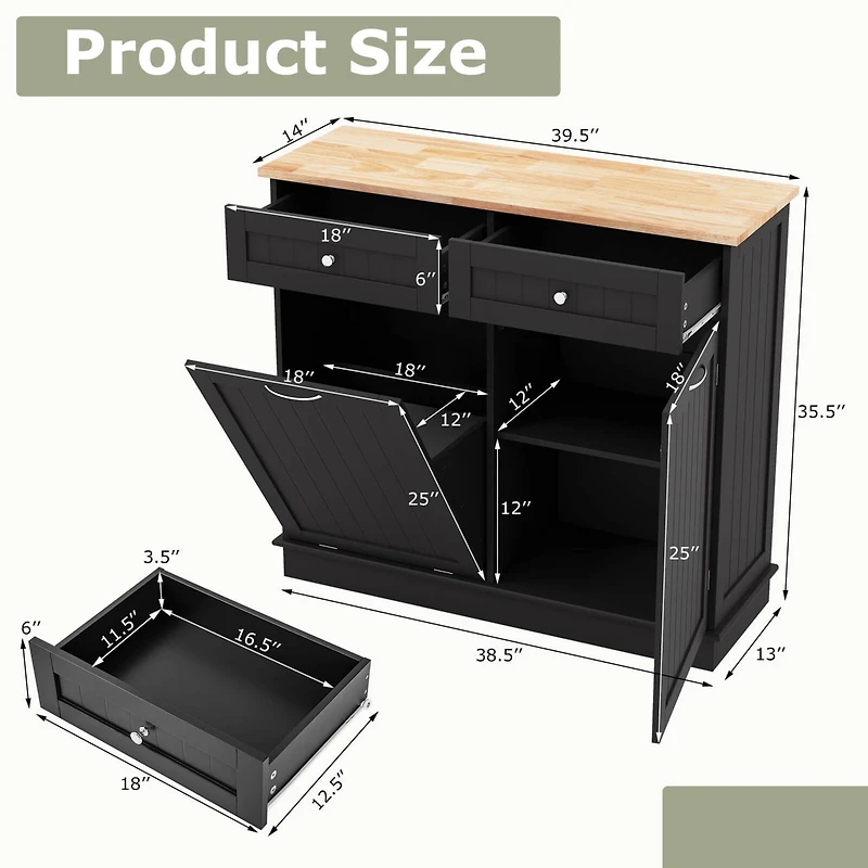 Wooden Kitchen Trash Cabinet Tilt Out Bin Holder with Drawer & Storage Shelf