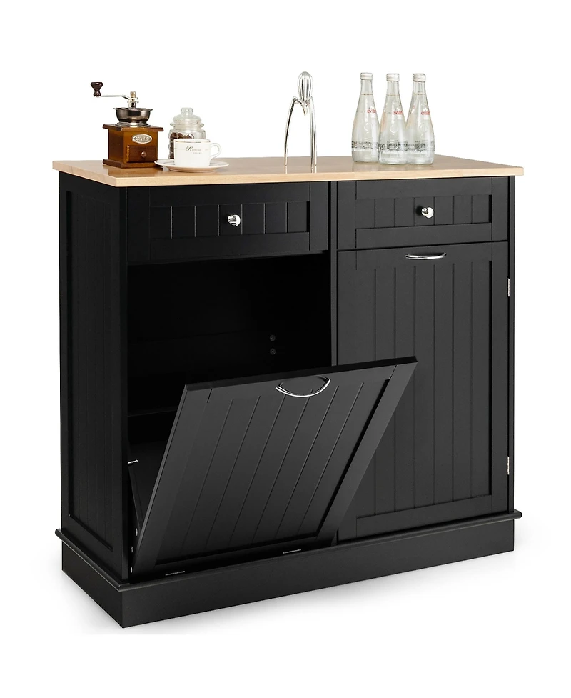 Wooden Kitchen Trash Cabinet Tilt Out Bin Holder with Drawer & Storage Shelf