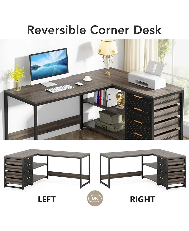 Tribesigns L Shaped Computer Desk with Storage Drawers, 59 inch Corner Desk with Shelves, Reversible L-Shaped Office Desk Writing Table Workstation fo