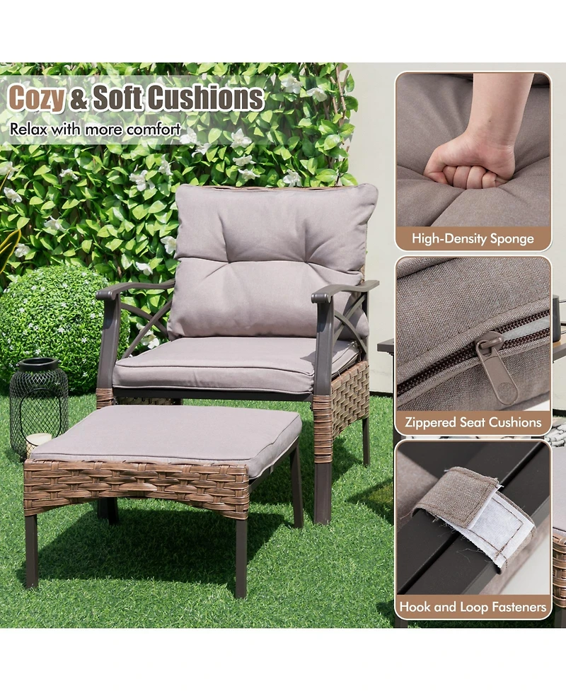 5 Pieces Wicker Patio Furniture Set Ottomans and Cushions and 2-Tier Tempered Glass Side Table-Brown