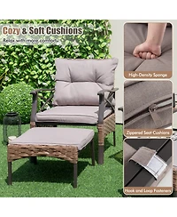 5 Pieces Wicker Patio Furniture Set Ottomans and Cushions and 2-Tier Tempered Glass Side Table-Brown