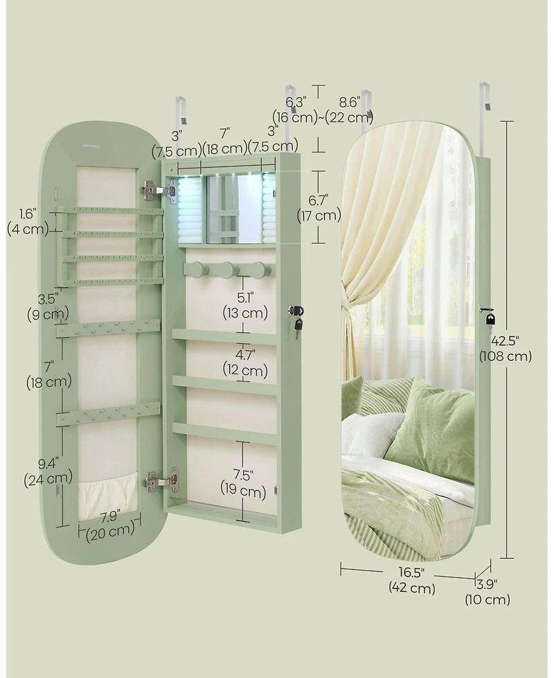 Slickblue Led Jewelry Cabinet Wall/Door Mounted, Lockable Rounded Wide Mirror with Storage, Interior Mirror