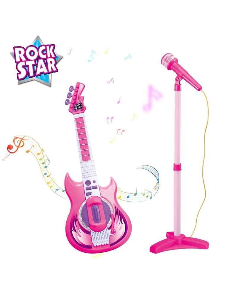 Contixo Pink Kids Guitar and Microphone Set - Adjustable Stand, Musical Toy