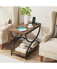 Tribesigns 2-Tier End Side Table with Stylish Metal Frame, Vintage Rectangular Bedside Nightstand for Bedroom, Wood and Metal Chair Side Tables Living