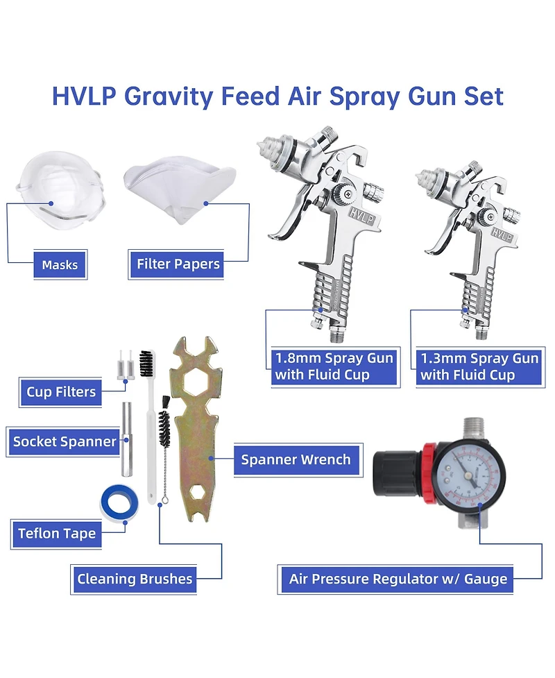 6Pcs 1.3 1.8 Hvlp Spray Gun Kit Gravity Auto Paint Primer Basecoat Clearcoat