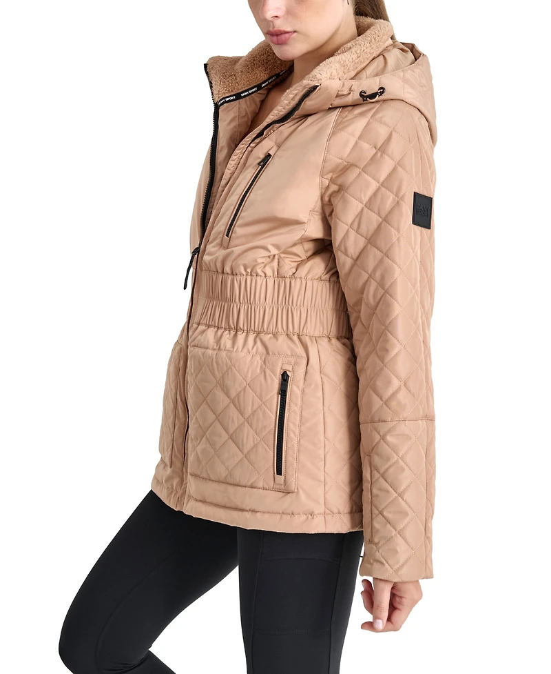 Dkny Women's Quilted Elastic-Waist Hooded Zipper Jacket