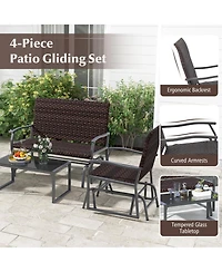 4 Piece Patio Gliding Set Wicker Swing Glider Furniture Set All Weather witrh Tempered Glass Coffee Table-Brown