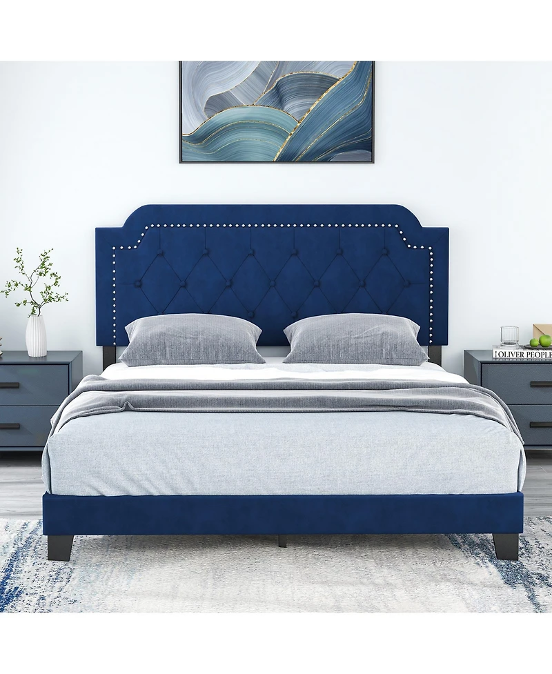 Queen Size Velvet Platform Bed with Button Tufted and Nailhead Trim Headboard