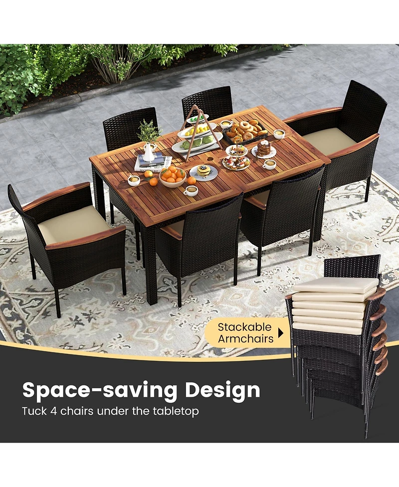 7 Pieces Rattan Patio Dining Set with Stackable Chairs and Umbrella Hole