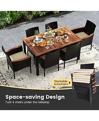 7 Pieces Rattan Patio Dining Set with Stackable Chairs and Umbrella Hole