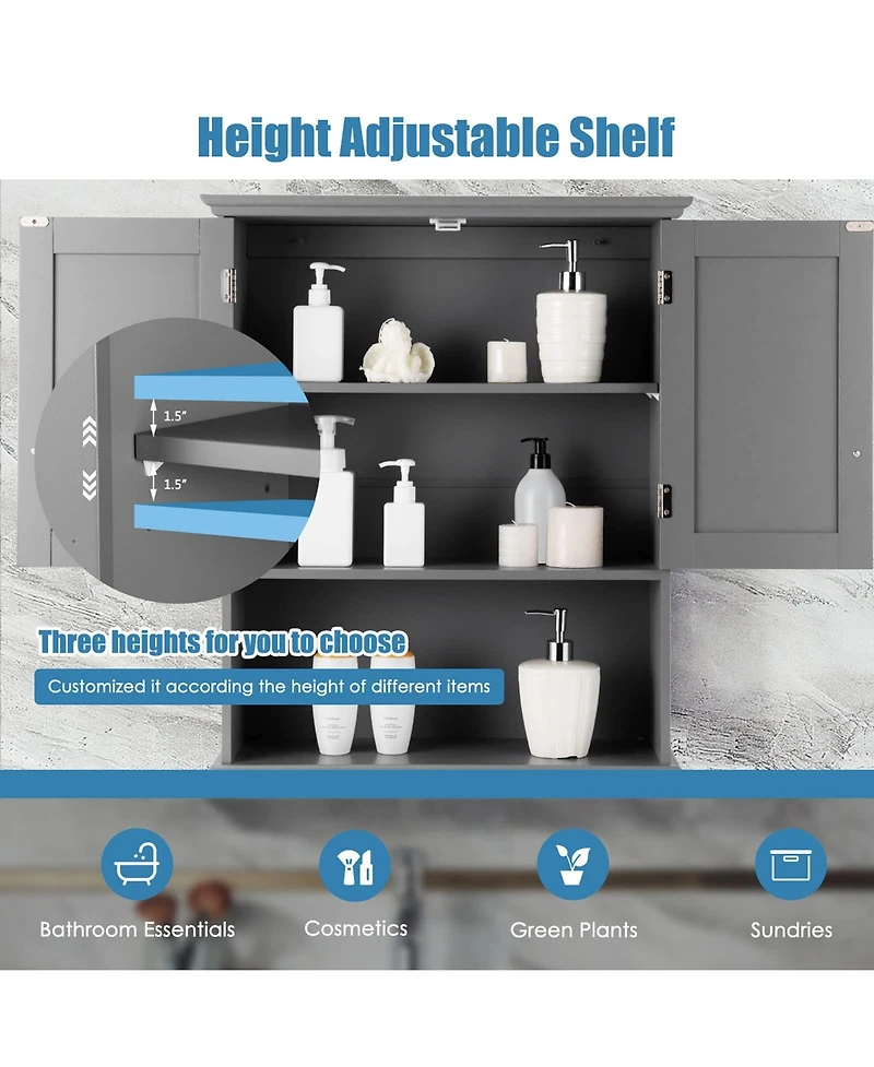 Wall Mount Bathroom Cabinet Storage Organizer with Doors and Shelves-Gray