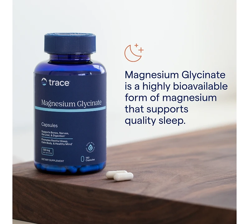 Trace Minerals Magnesium Glycinate Capsules | 120 mg Supports Normal Sleep, Calm Mood, and Maintains Normal Muscle, Liver, Bone & Nerve Function | 180
