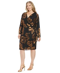 London Times Plus Foil-Flower Faux-Wrap Sheath Dress