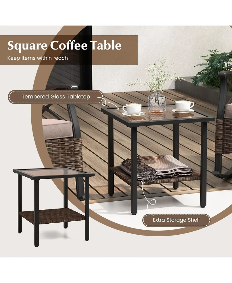 3 Pieces Outdoor Rattan Rocking Chairs Set with 2-Tier Side Table