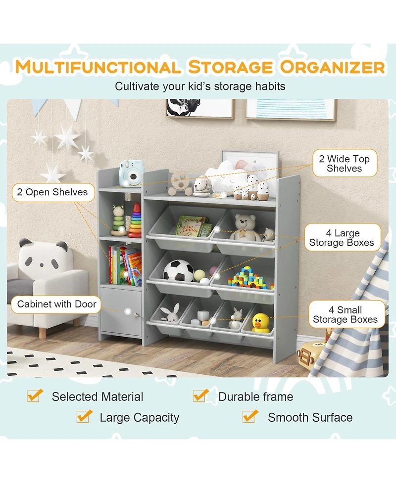 Sugift 4-Tier Kids Bookshelf and Toy Storage Rack with 8 Toy Organizer Bins
