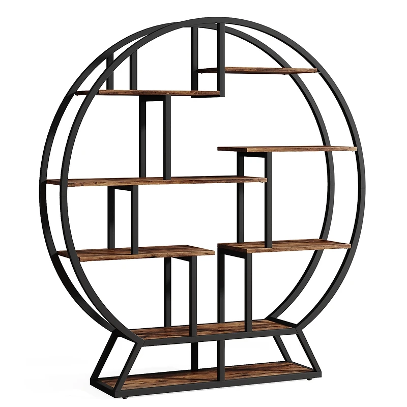 Tribesigns Bookshelf, Round Bookshelves Etagere Bookcase, 63 Inch Industrial Wood Book Shelf with Staggered Shelves, Rustic Open Shelving Organizer Ra