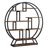 Tribesigns Bookshelf, Round Bookshelves Etagere Bookcase, 63 Inch Industrial Wood Book Shelf with Staggered Shelves, Rustic Open Shelving Organizer Ra