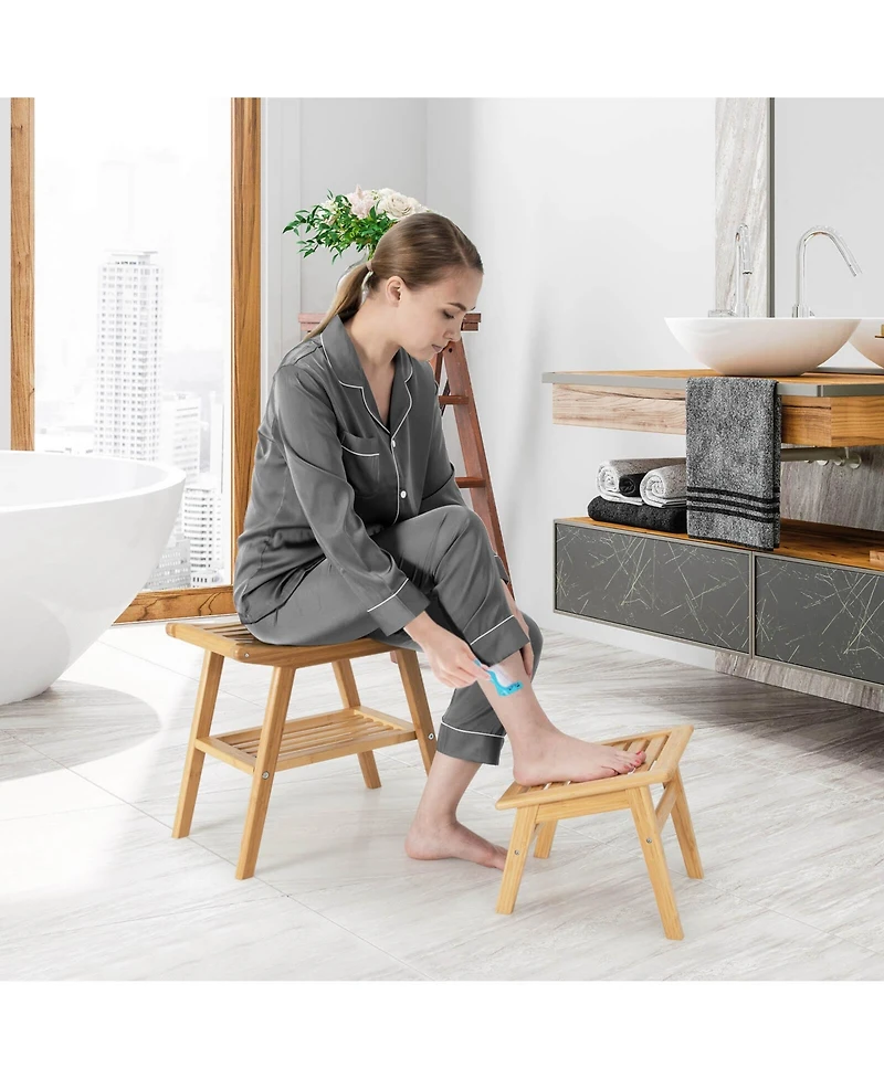 Sugift Bamboo Shower Seat Bench with Underneath Storage Shelf