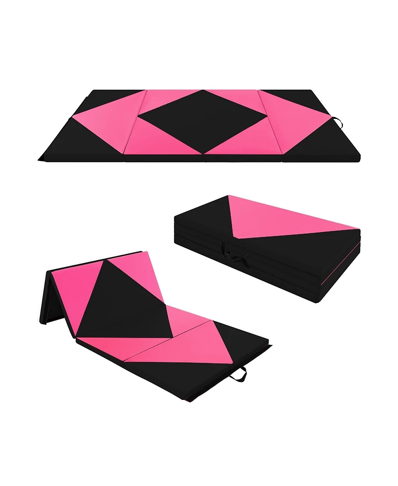 8 Feet Pu Leather Folding Gymnastics Mat with Hook and Loop Fasteners-Heart Pink
