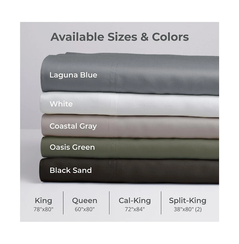 Cariloha Retreat 4-Piece Sateen Sheet Set | Laguna Blue | Split King | Lyocell Material | Breathable, Corner Straps, Extra soft & Cooling