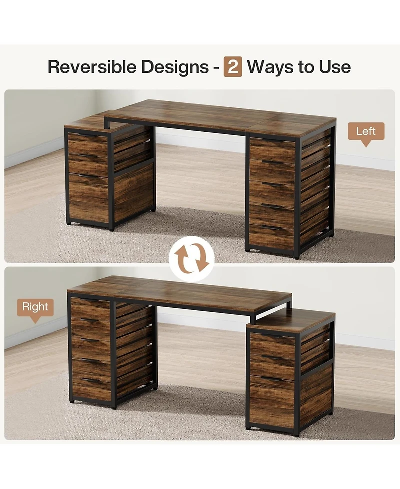 Tribesigns Computer Desk with 8 Drawers, 63" Home Office Desk with Reversible File Cabinet and Storage Drawers, Industrial Pc Desk Study Writing Table