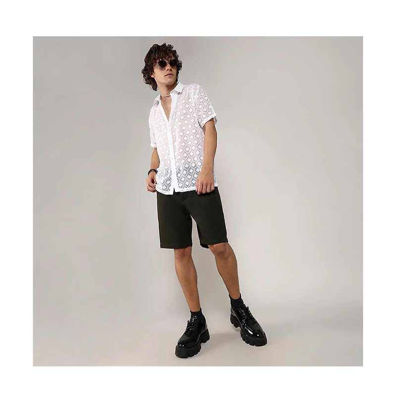 Men's Chalk White Self-Design Cubic Shirt