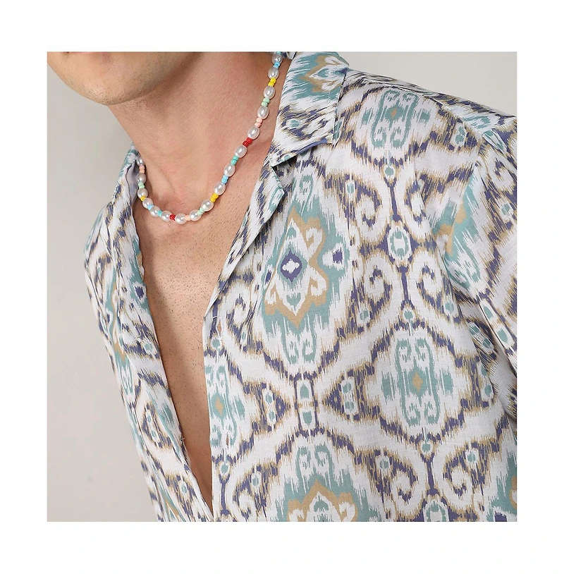 Men's Ivory White & Sage Green Ikkat Shirt
